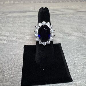 Kenneth Jay Lane Simulated Sapphire, CZ Halo Princess Cocktail Ring - Size 6